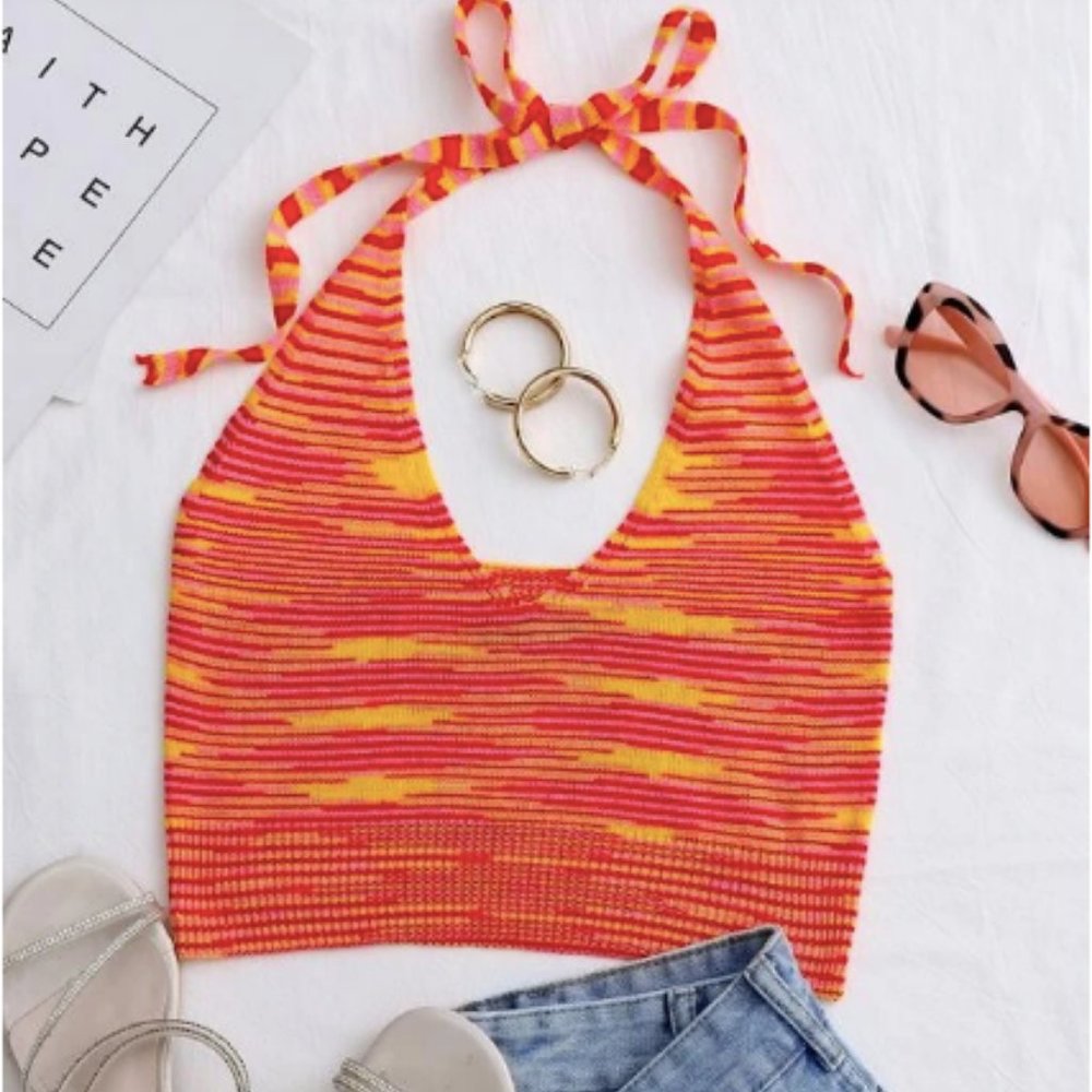 Halterneck Tie Back Space Dye Knit Top